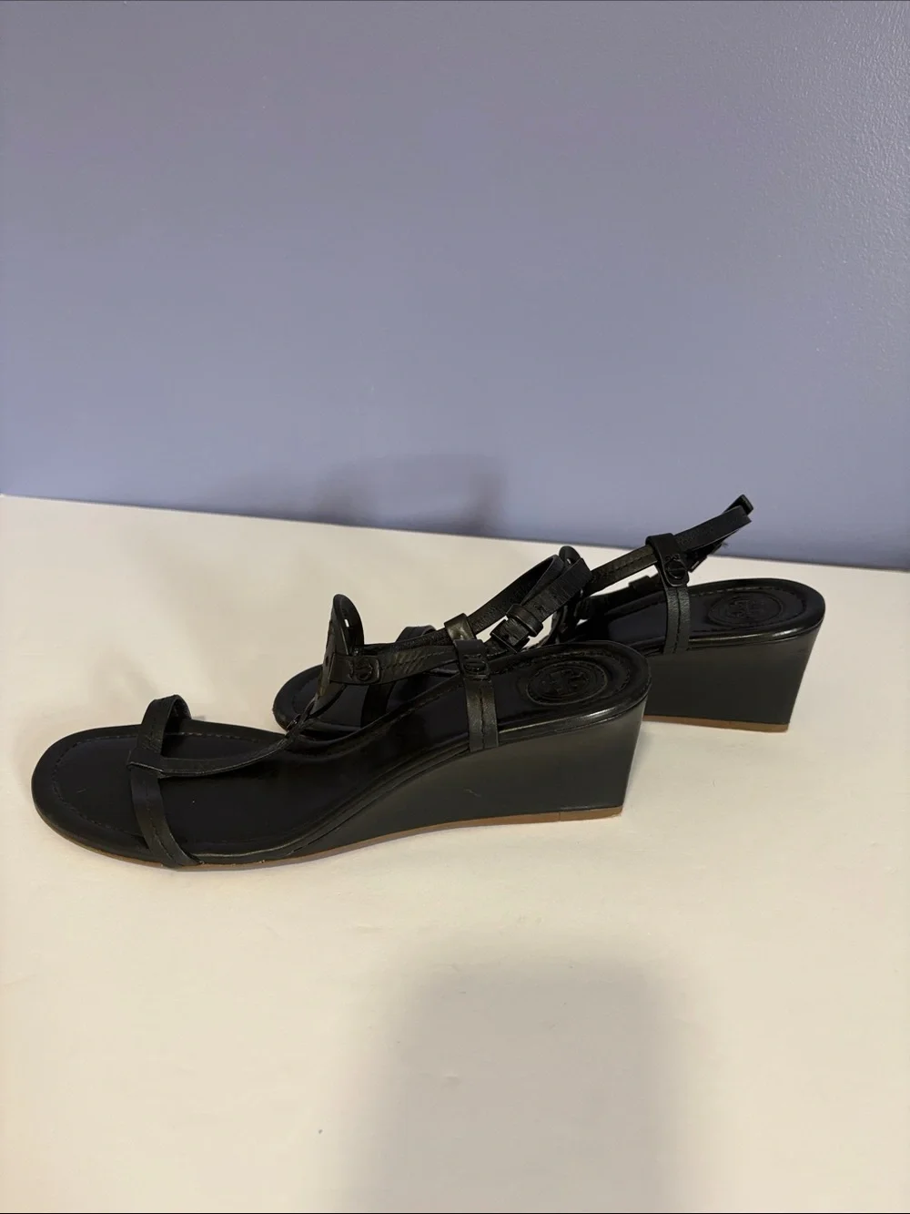 Tory Burch Black Leather Logo Miller T-Strap Sandals with Signature Medallion